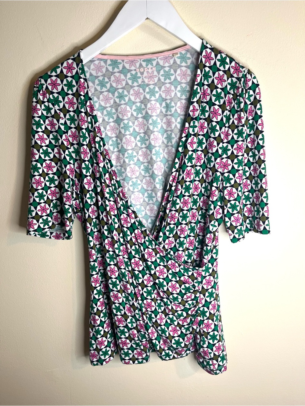 Boden Floral Wrap-Style Top in Green & Pink